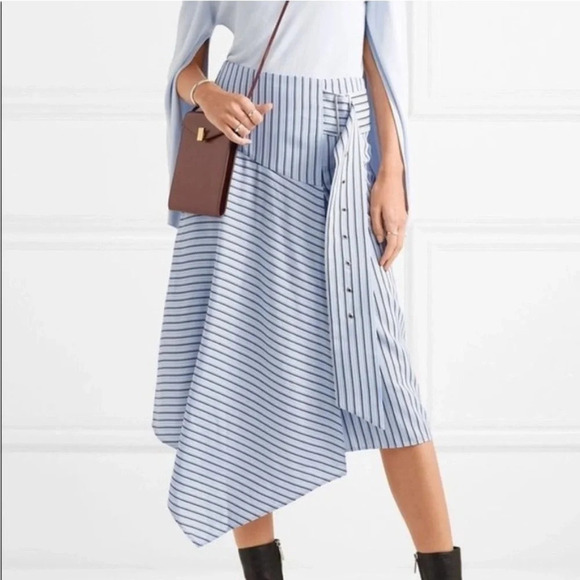 Tibi Blue Striped Asymmetric Shirting Midi Skirt 4 Stripe Blue - Picture 2 of 12